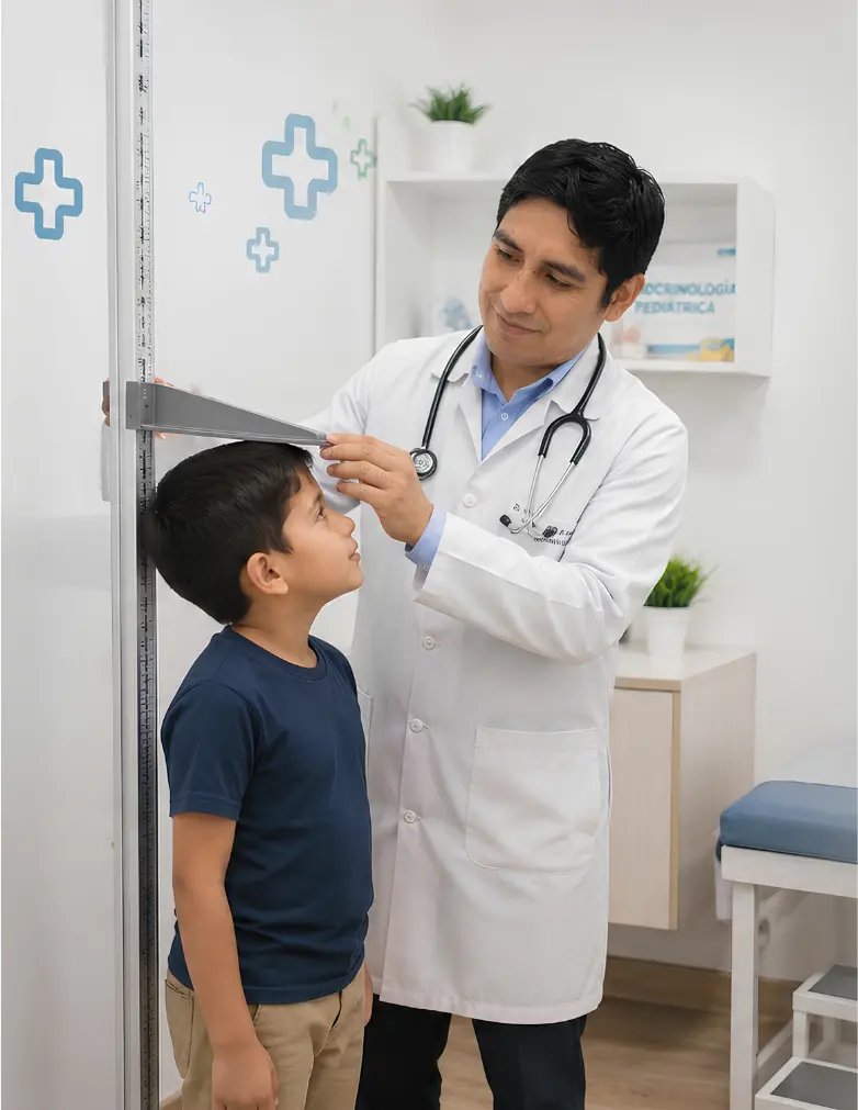 Endocrinólogo Pediatra midiendo a niño